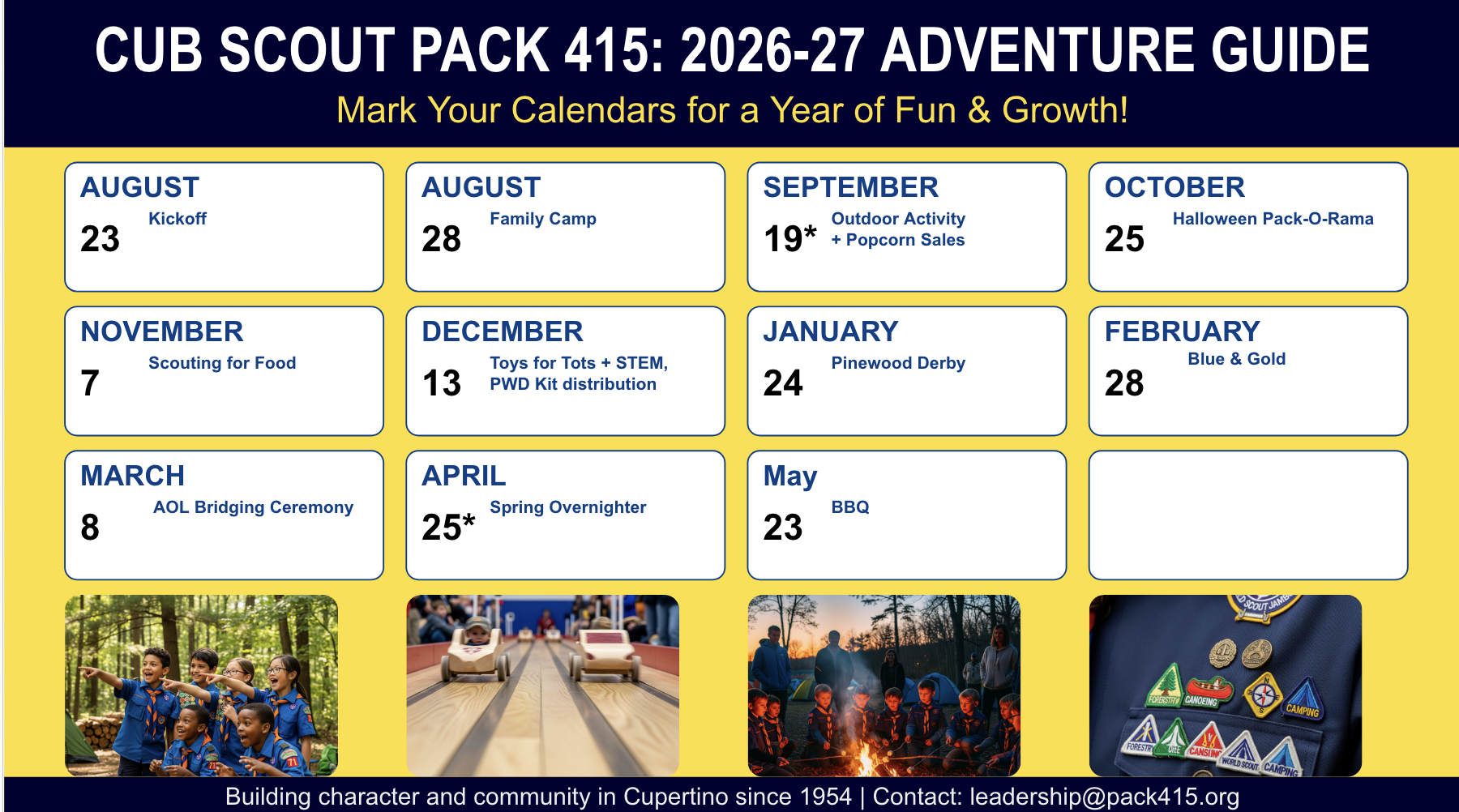 Cub Scout Pack 415 2026-27 adventure guide showing monthly event dates