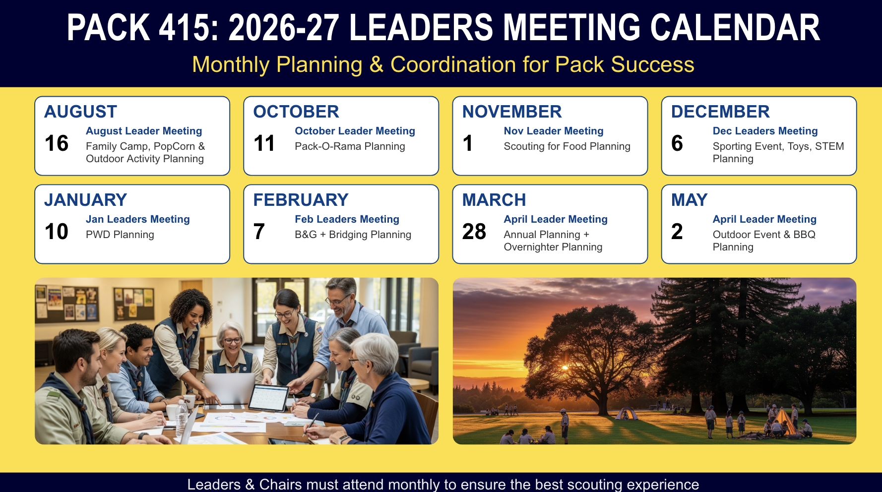 Pack 415 2026-27 leaders meeting calendar